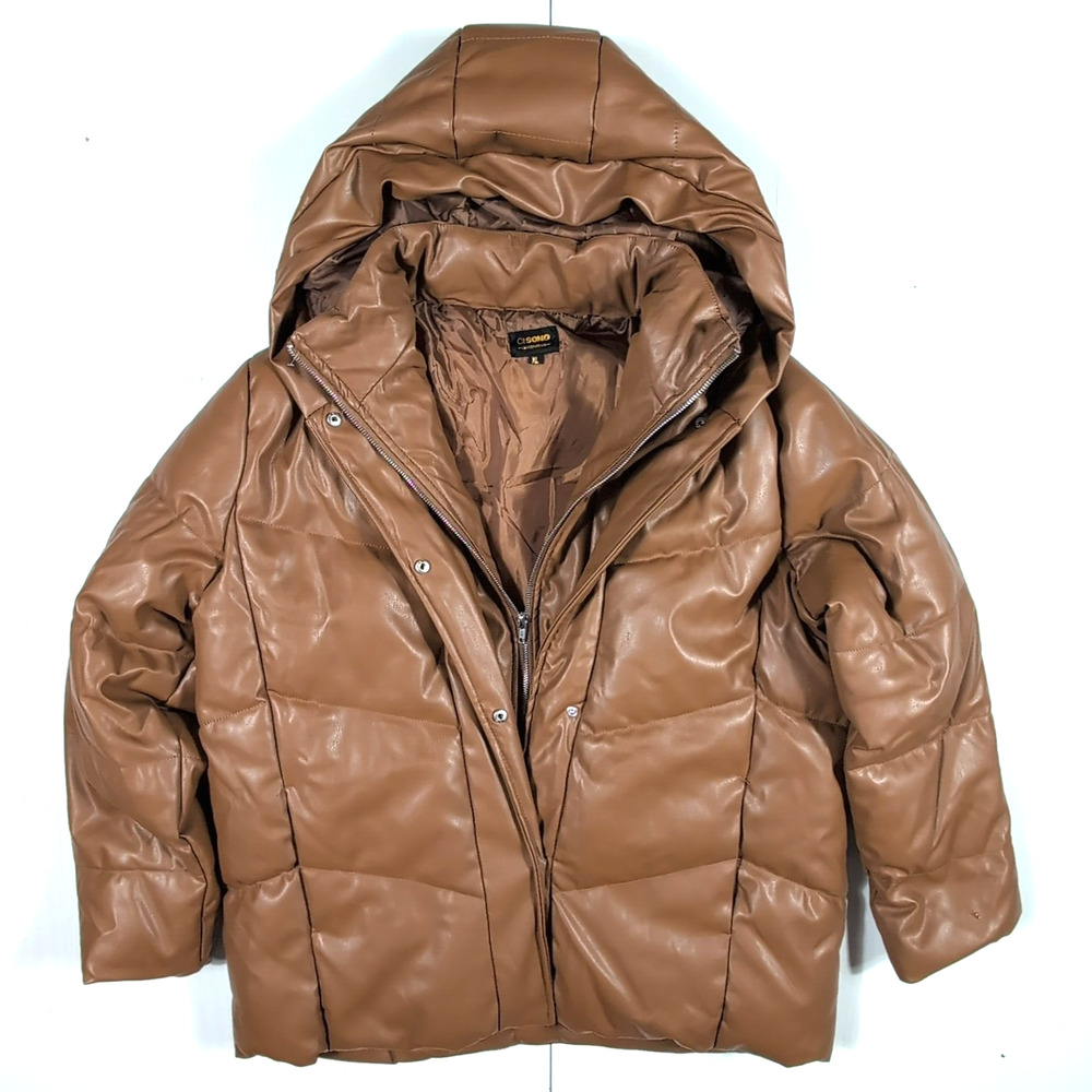 CI Sono Women’s XL Cognac Brown Faux Leather Puffer Jacket Hooded Quilted Coat